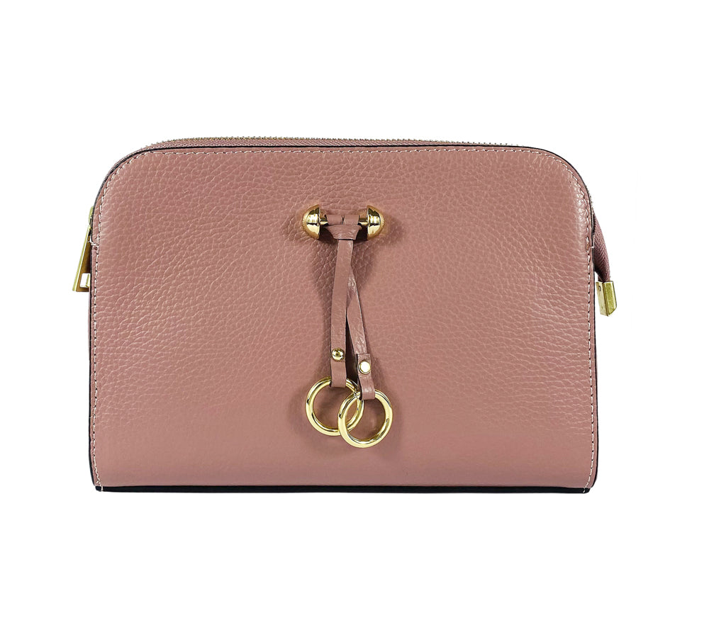 RB1011AZ | Women's Shoulder Bag in Genuine Leather Made in Italy. Removable shoulder strap. Attachments with shiny gold metal snap hooks - Antique Pink Color - Dimensions: cm 25 x 17 x 10-1