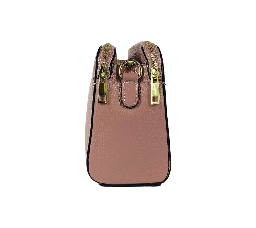 RB1011AZ | Women's Shoulder Bag in Genuine Leather Made in Italy. Removable shoulder strap. Attachments with shiny gold metal snap hooks - Antique Pink Color - Dimensions: cm 25 x 17 x 10-2