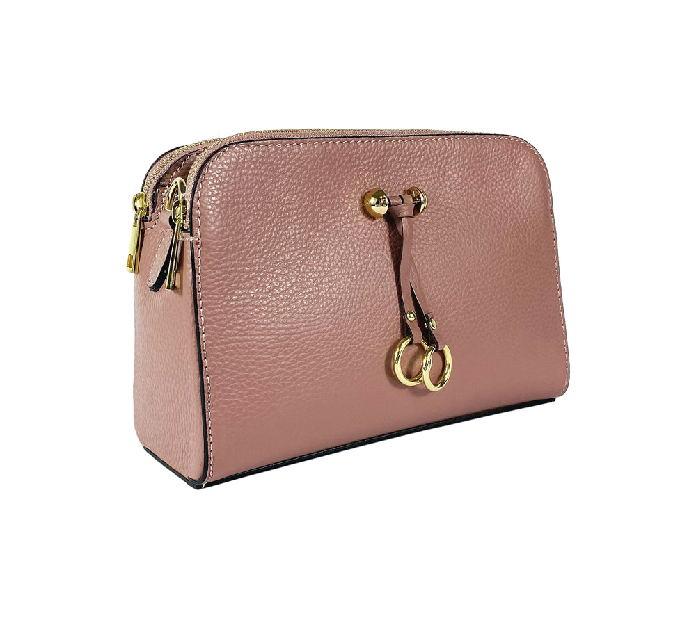 RB1011AZ | Women's Shoulder Bag in Genuine Leather Made in Italy. Removable shoulder strap. Attachments with shiny gold metal snap hooks - Antique Pink Color - Dimensions: cm 25 x 17 x 10-4