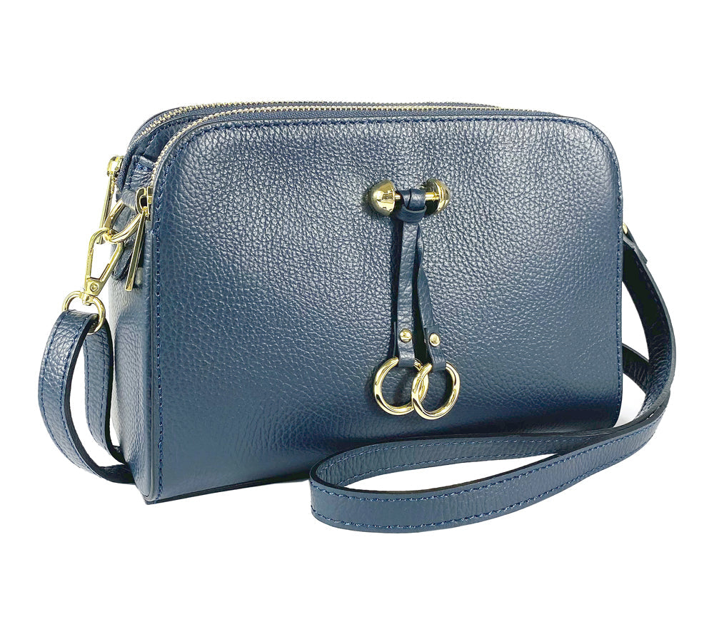 RB1011D | Women's Shoulder Bag in Genuine Leather Made in Italy. Removable shoulder strap. Attachments with shiny gold metal snap hooks - Color Blue - Dimensions: cm 25 x 17 x 10-0