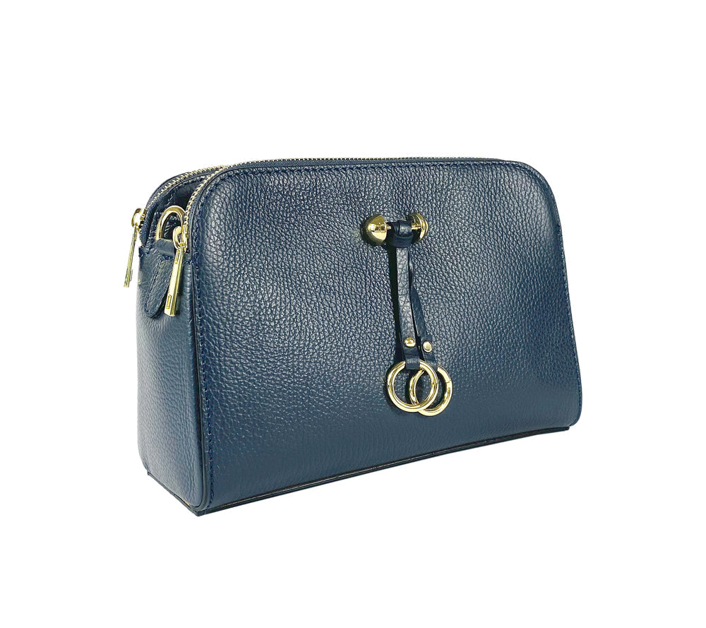 RB1011D | Women's Shoulder Bag in Genuine Leather Made in Italy. Removable shoulder strap. Attachments with shiny gold metal snap hooks - Color Blue - Dimensions: cm 25 x 17 x 10-4