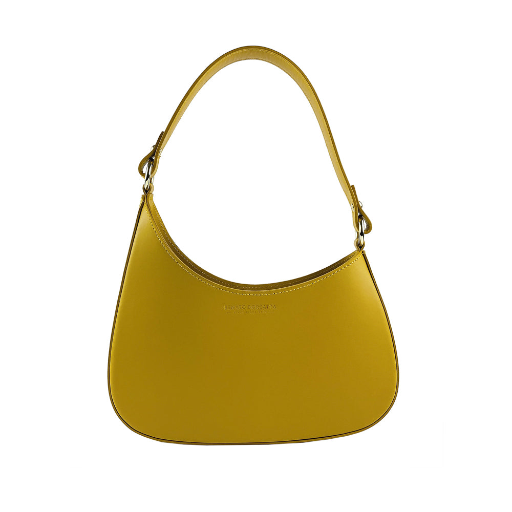 RB1013AR | Borsa Donna a spalla e Tracolla removibili in Vera Pelle Made in Italy. Attacchi con moschettoni in metallo Oro Lucido - Colore Senape - Dimensioni: cm 28 x 6 x 25 + 12 (manico)-1