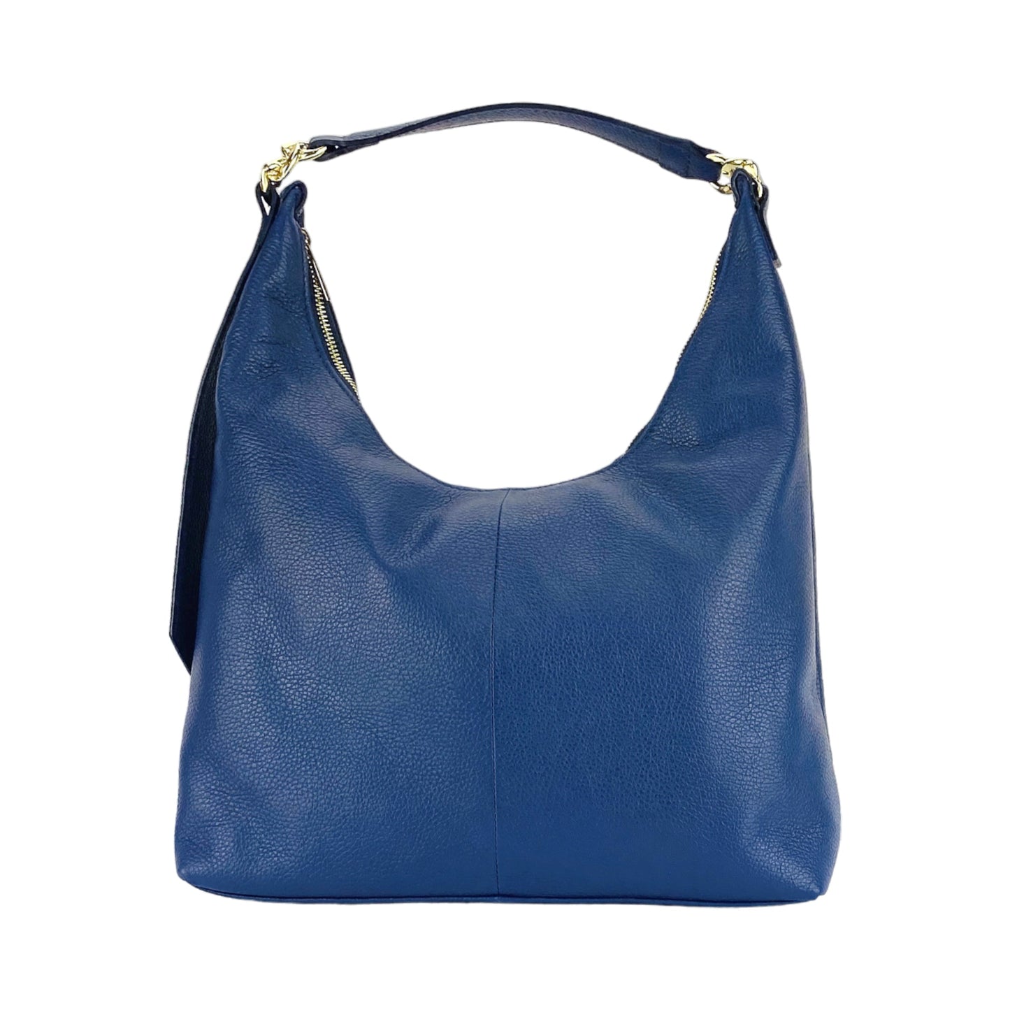 RB1017D | Women's Soft Shoulder Bag in Genuine Leather Made in Italy with single handle and removable shoulder strap. Attachments with shiny gold metal snap hooks - Blue color - Dimensions: cm 36 x 40 x 13-1