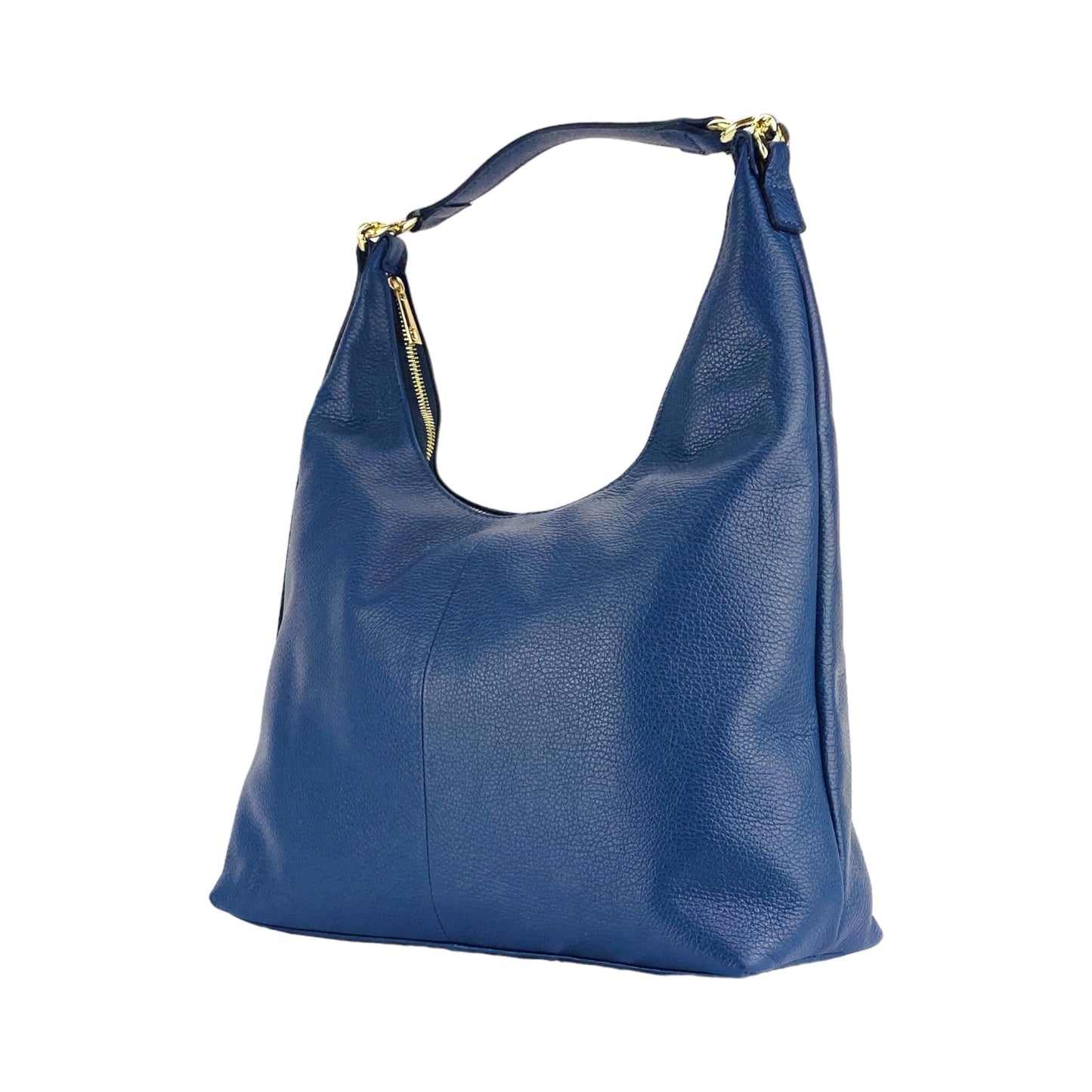 RB1017D | Women's Soft Shoulder Bag in Genuine Leather Made in Italy with single handle and removable shoulder strap. Attachments with shiny gold metal snap hooks - Blue color - Dimensions: cm 36 x 40 x 13-4