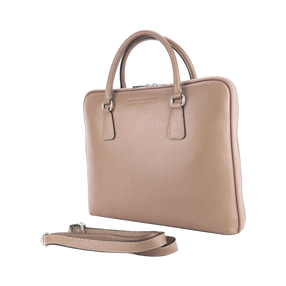 RB1019AQ | Unisex Business Briefcase in Genuine Leather Made in Italy with removable shoulder strap. Attachments with shiny nickel metal snap hooks - Taupe color - Dimensions: cm 37 x 29 x 6.5-4