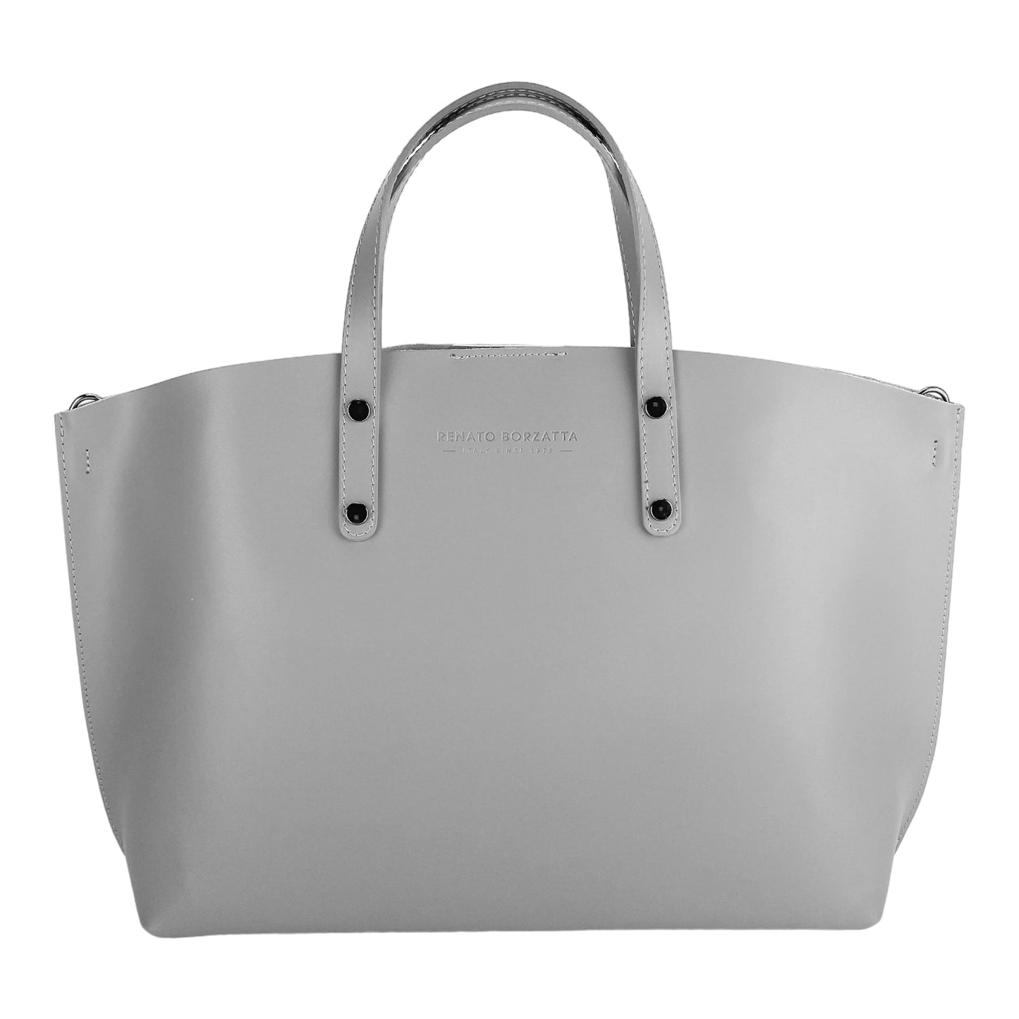 RB1024F | Borsa Donna a Mano in Vera Pelle Made in Italy con tracolla removibile. Sacca grande interna estraibile. Accessori Canna di Fucile Lucido - Colore Grigio - Dimensioni: cm 48x31x11-1