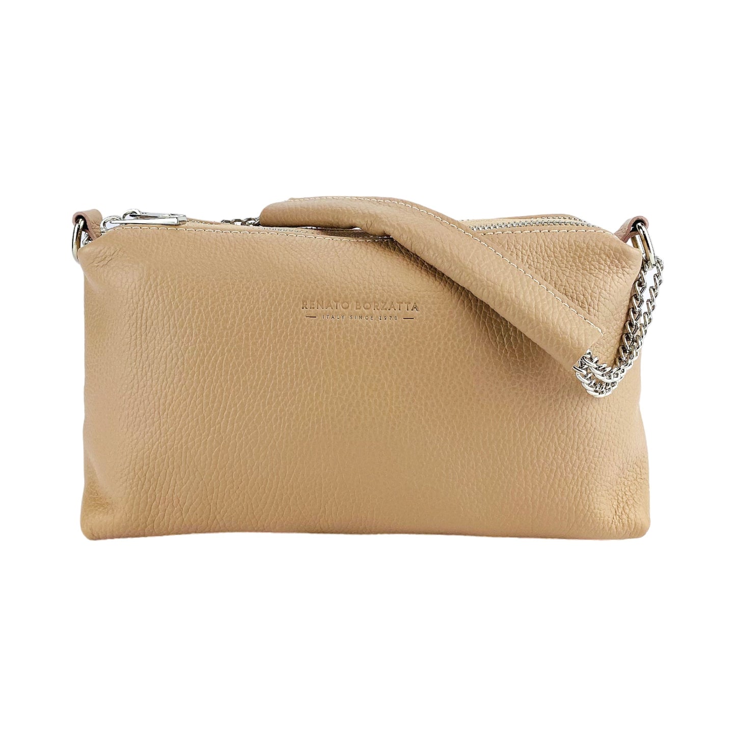 RB1025AU | Women's Handbag with double zip in genuine leather Made in Italy. Adjustable leather shoulder strap. Polished Nickel Accessories - Powder Color - Dimensions: cm 26 x 14 x 9-3
