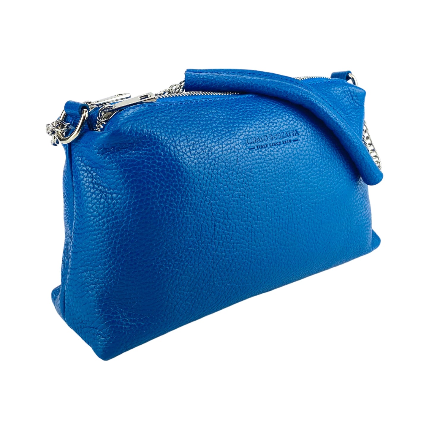 RB1025CH | Women's Handbag with double zip in Genuine Leather Made in Italy. Adjustable leather shoulder strap. Polished Nickel Accessories - Royal Blue Color - Dimensions: cm 26 x 14 x 9-1