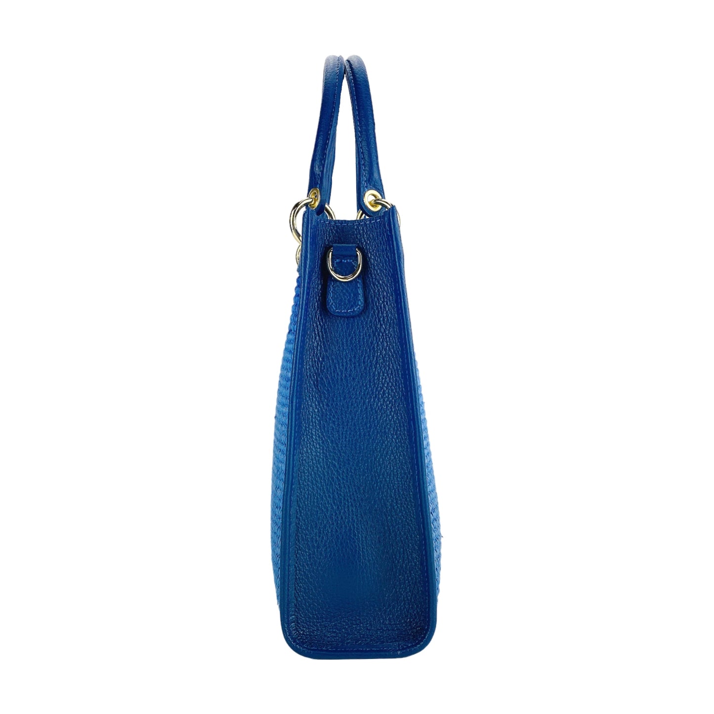 RB1026CH | Borsa Donna a mano verticale in Vera Pelle e Paglia Made in Italy. Tracolla removibile e regolabile in pelle. Accessori Oro Lucido - Colore Blu Royal - Dimensioni: cm 24 x 29 x 9-3