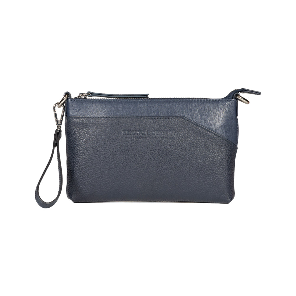 RB2003D | Shoulder/Wrist Bag in Genuine Full Grain Leather, Dollar Grain/Light. Removable Shoulder Strap and Handle. Color Blue. Dimensions: 22 x 14 x 2.5 cm. Packaging: Non-Woven Fabric Bag-1