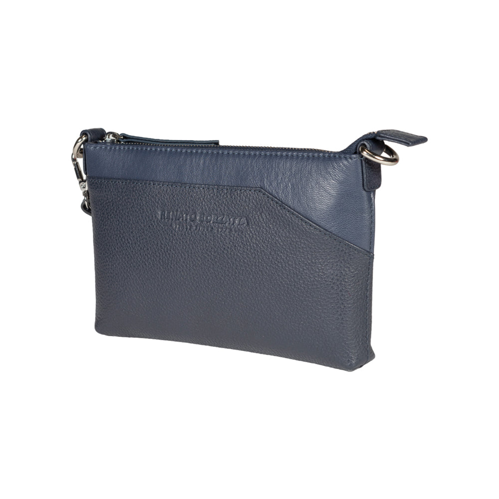 RB2003D | Shoulder/Wrist Bag in Genuine Full Grain Leather, Dollar Grain/Light. Removable Shoulder Strap and Handle. Color Blue. Dimensions: 22 x 14 x 2.5 cm. Packaging: Non-Woven Fabric Bag-2