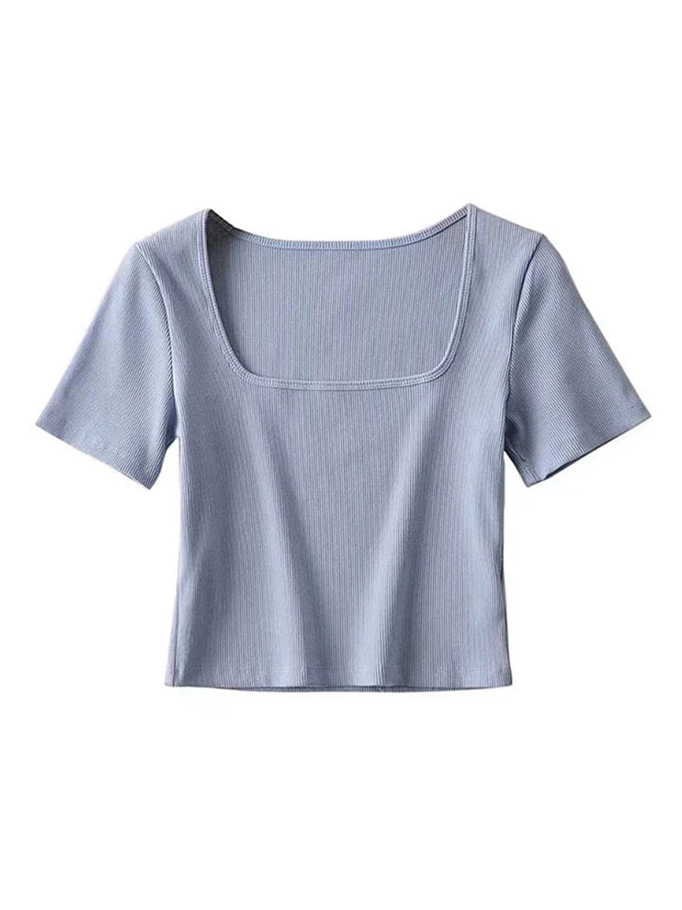 Chic Dames Vierkante Hals Geribbelde Crop Tee met Korte Mouwen