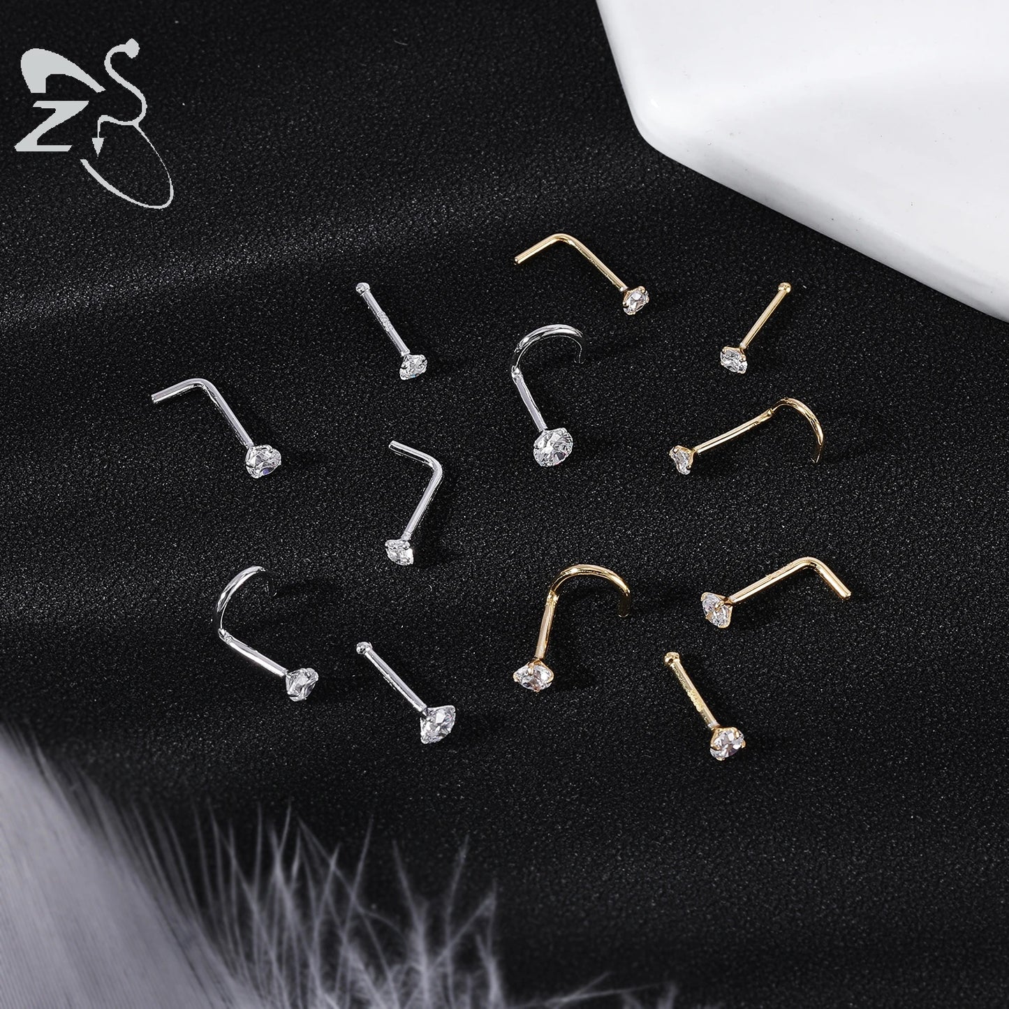 Elegante 925 Sterling zilveren L-vormige neussteker met gouden kleur kristal - Perfect voor neuspiercing (2-3,5 mm)