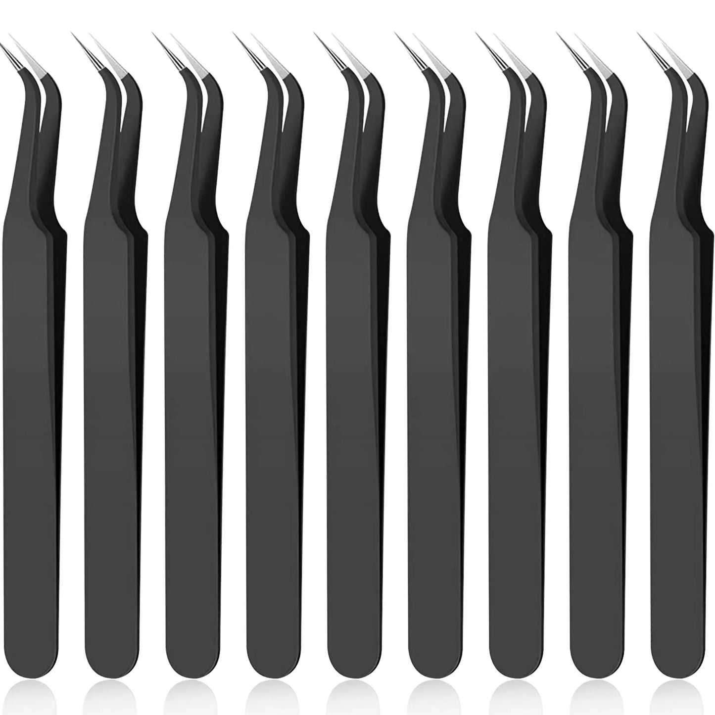 Deluxe 1/9 Stuk RVS Gebogen Punt Wimperverlenging Tangen Set met Beschermhoes - Precisie Puntige Tips voor Perfecte Toepassing