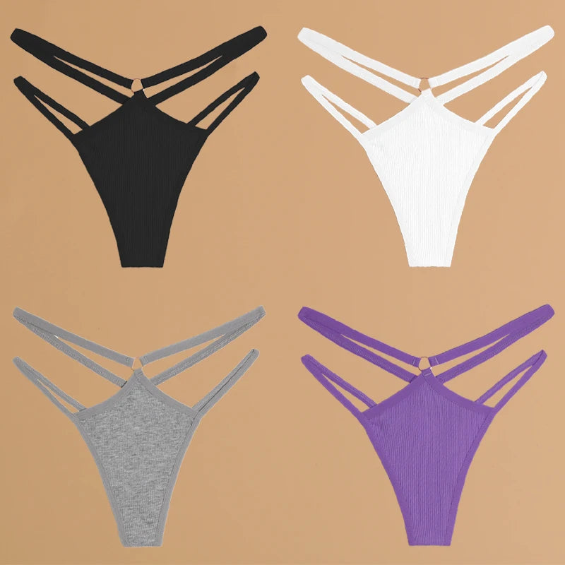 FINETOO 4Stuks Dames Stijlvolle Katoenen Thongs - Sexy Lage Taille Gestreepte en Effen Ademende Ondergoedset