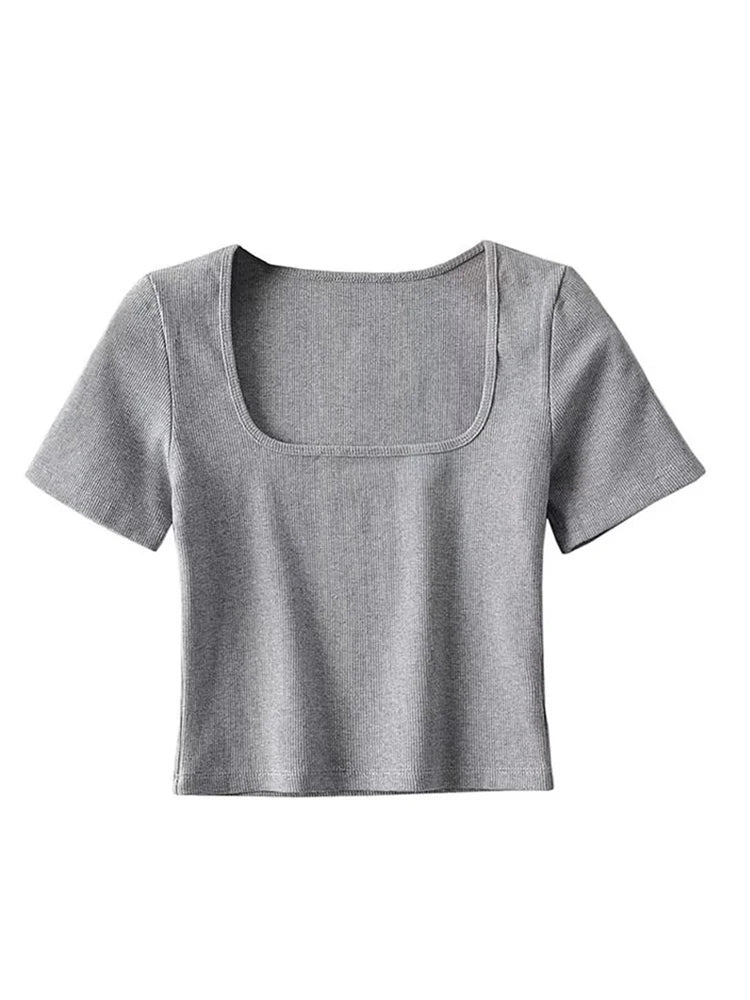 Chic Dames Vierkante Hals Geribbelde Crop Tee met Korte Mouwen