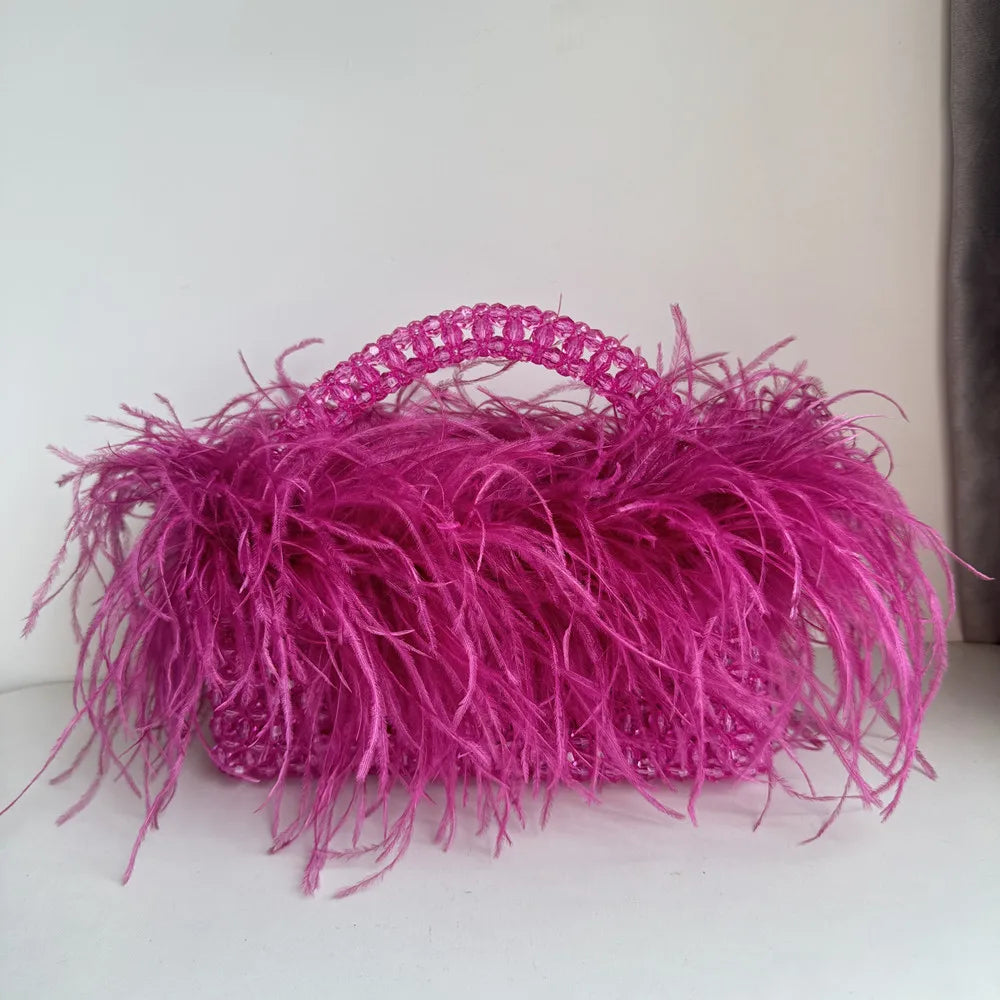 Chic Parelsnoer & Veer Bont Handtas - Designer Acryla Kristallen Doos Tote voor Dames, Handgemaakte Elegantie voor Feesten