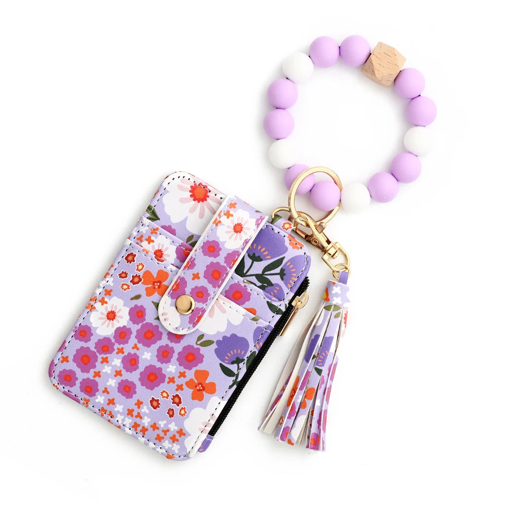 Charmante 2024 Silicone Kralen Armband Portemonnee Sleutelhanger met Leren Kaarthouder en Bloemenpatroon