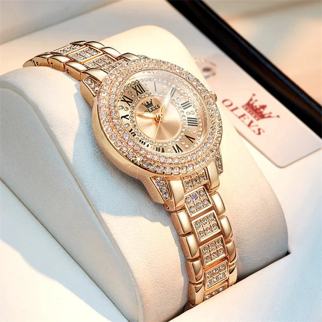 Elegante met diamanten bezette OLEVS Dameshorloge - Modebewuste RVS, Waterdichte Quartz Horloges Perfect voor Elke Gelegenheid