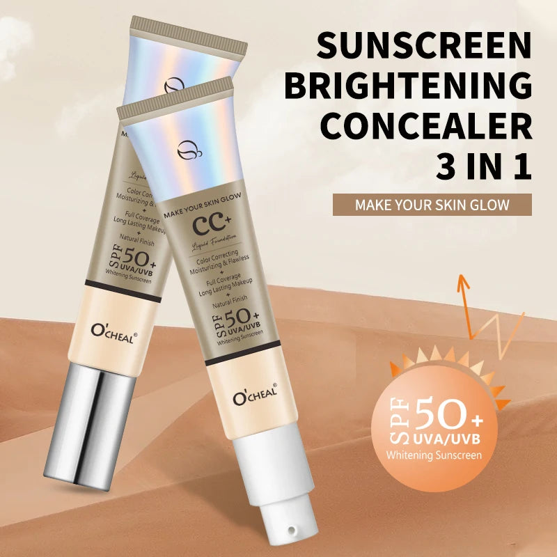 Ocheal 30g CC Cream Foundation - Waterdichte Concealer & Vochtinbrengende Zonnebrandcrème met SPF 50+ voor Langdurige, Verhelderende Make-up Primer