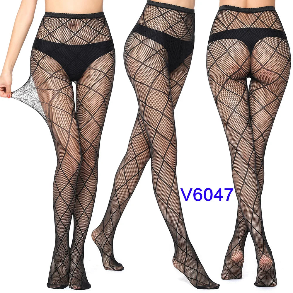 Verleidelijk Kant Viskouskous met Jacquard Weefsel – Naadloze Gotische Kousen met Garter en Ruitpatroon in Zwart