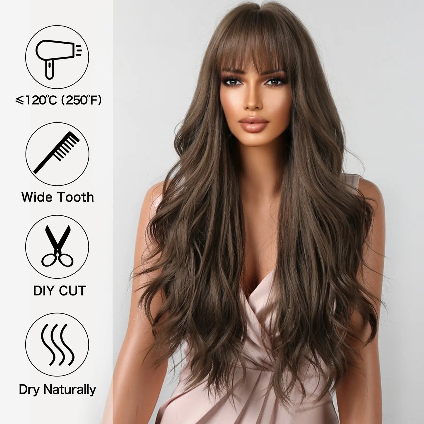 Luxe Lange Bruine Golvende Pruik met Pony - Hittebestendige Natuurlijke Look voor Dagelijks Gebruik en Cosplay