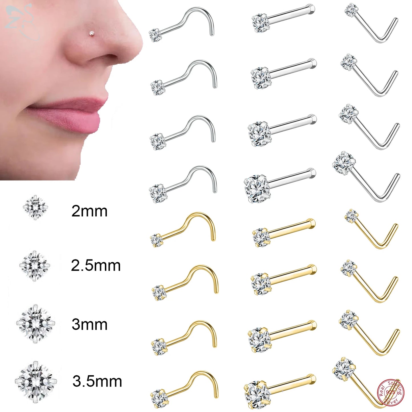 Elegante 925 Sterling zilveren L-vormige neussteker met gouden kleur kristal - Perfect voor neuspiercing (2-3,5 mm)