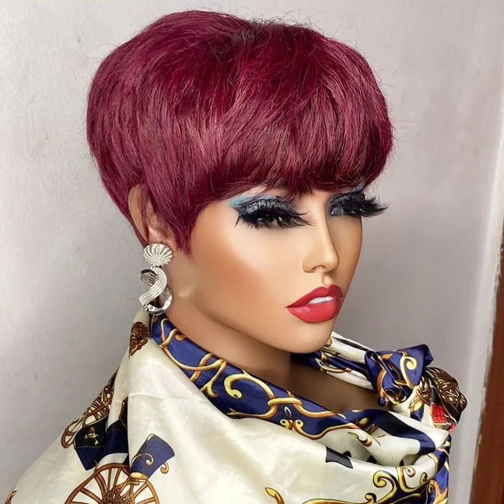 Chic Bruine Korte Pixie Pruik voor Zwarte Vrouwen - Stijlvolle Machine-Gemaakte Menselijk Haar Pruik met Pony, Met Mooie Gekleurde Braziliaanse Lokken
