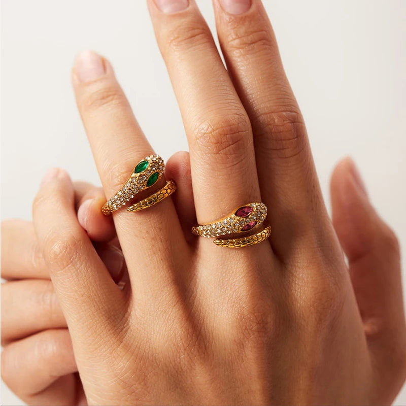 2025 Retro Hollow Zirconringen voor Vrouwen – Luxe Gouden Slangontwerp Trendsettende RVS Sieraden