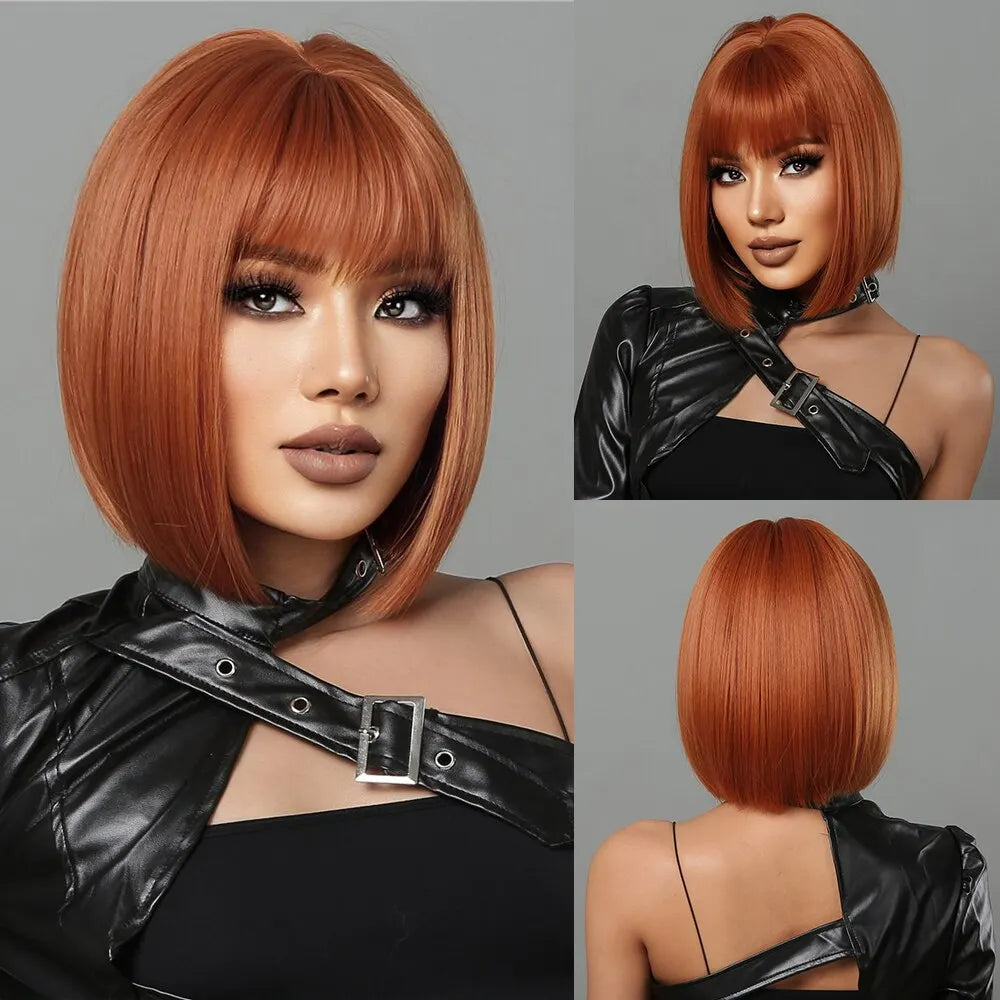 Luxueuze Bourgondische Bobperruque met Stijlvolle Pikkerige Pony - Warmtebestendig Synthetisch Haar voor Moeiteloze Elegantie