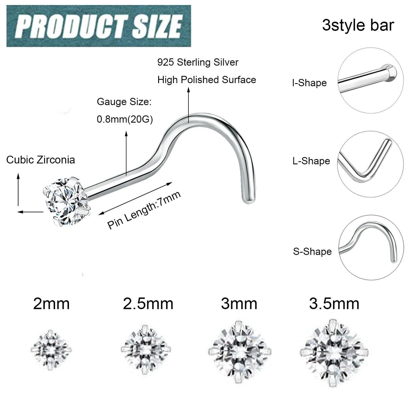Elegante 925 Sterling zilveren L-vormige neussteker met gouden kleur kristal - Perfect voor neuspiercing (2-3,5 mm)