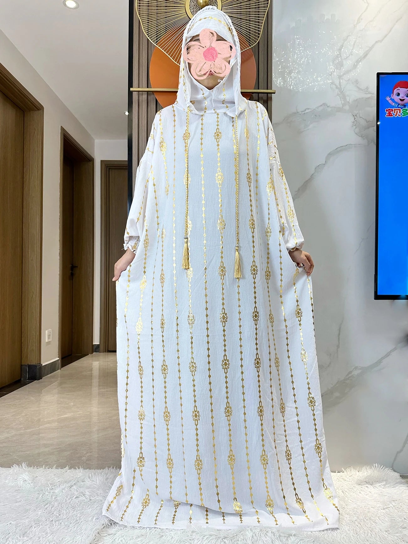 Elegante Katoenen Ramadan Abaya met Dubbele Hoeden - Prachtig Goudstofontwerp voor Moslimvrouwen met Gebed en Speciale Gelegenheden - Geïnspireerd door Dubai en Turkse Kaftanstijlen