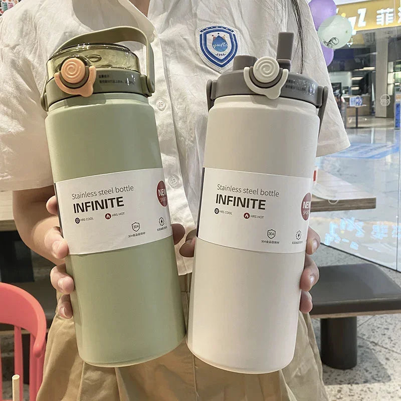 Extra-grote 1L/1.2L Geïsoleerde Thermosfles met Rietje - Stijlvolle RVS Thermische Waterfles voor Heet en Koud Drank, Vacuümfles en Thermosbeker