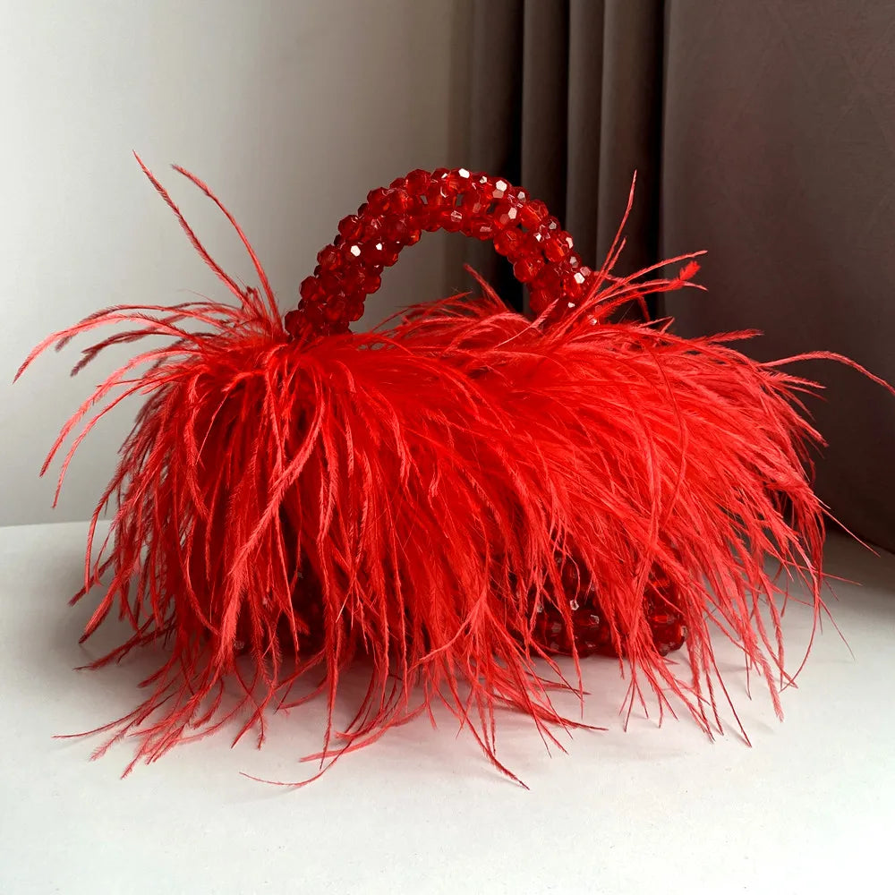Chic Parelsnoer & Veer Bont Handtas - Designer Acryla Kristallen Doos Tote voor Dames, Handgemaakte Elegantie voor Feesten