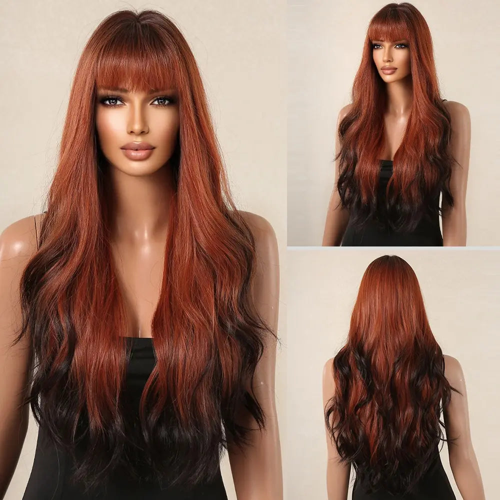 Luxe Lange Bruine Golvende Pruik met Pony - Hittebestendige Natuurlijke Look voor Dagelijks Gebruik en Cosplay