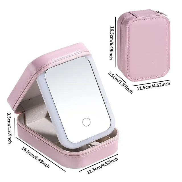 Strakke LED-verlichte cosmetica-etui met spiegel - Stijlvolle PU leren draagbare reismake-up organizer - Waterdichte make-upopslagoplossing