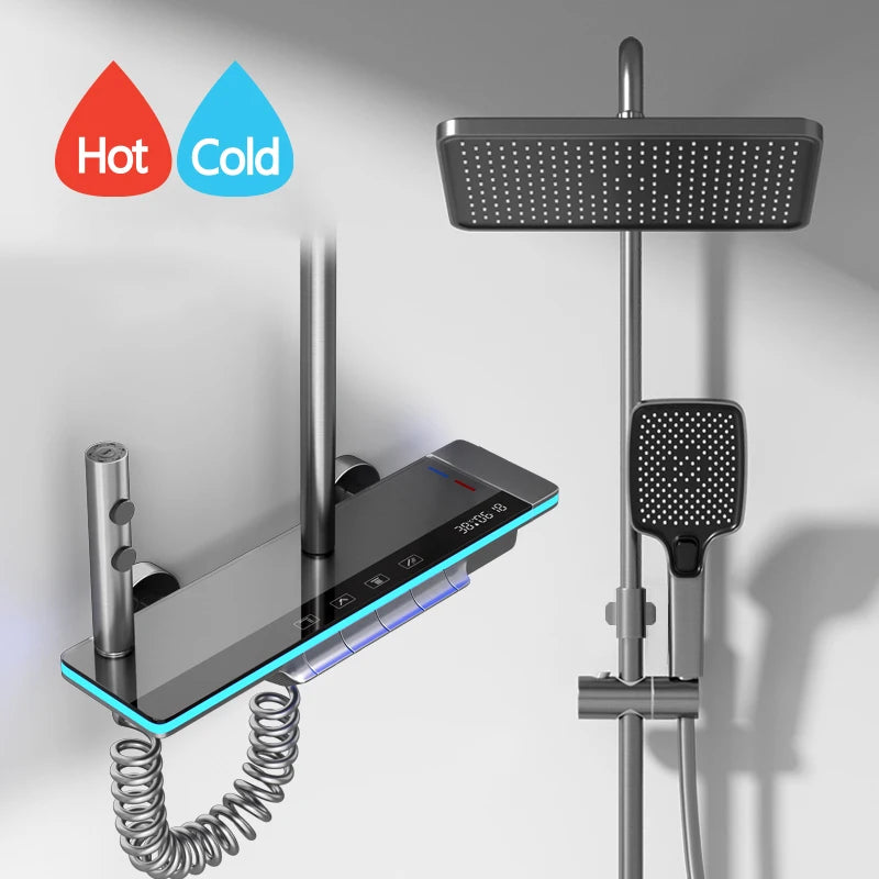 Luxe Badkamer Douche Systeem met Verlichte Kenmerken, Veilig Glas, Piano Toetsontwerp, Slim Digitale Thermostaat Mengkraan – Compleet Set