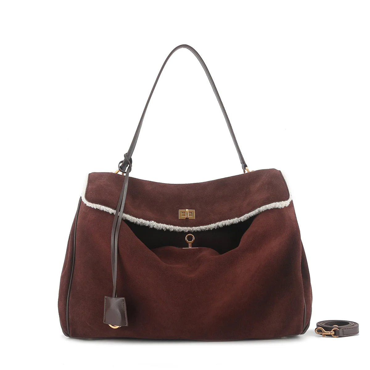 Chique Echte Leren Bruine Suède Tote Bags voor Vrouwen - Elegante Gouden Buckle Schoudertassen van Luxe Merk Rodeo