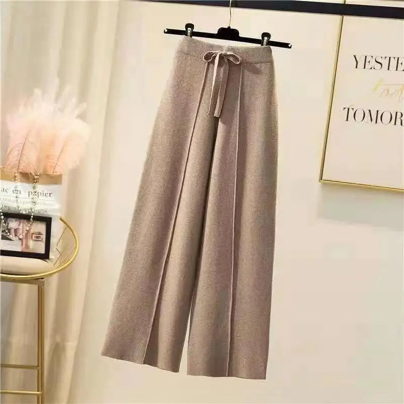 Chic Hoge Taille Gebreide Broek voor Vrouwen - Comfort Ontmoet Stijl met Zachte Pasvorm, Trekkoord en Brede Benen Perfect voor Lente en Herfst!