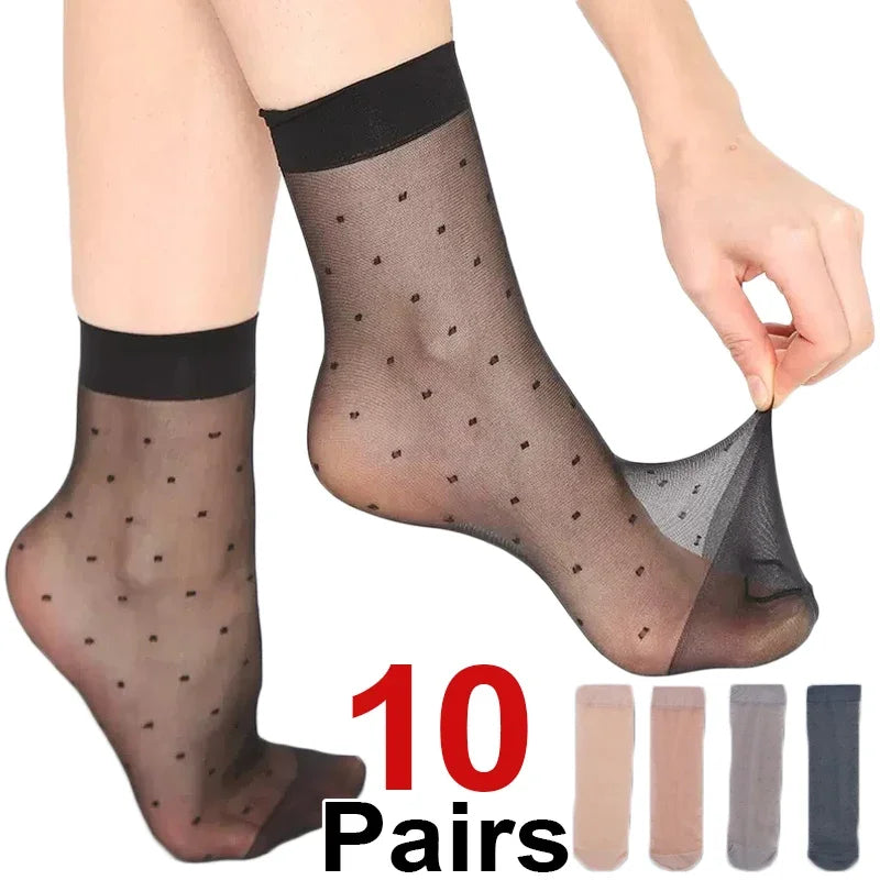 Chic Zwarte Punt Transparante Sokken - Ultra-Dunne Elastische Kristallen Zijde Enkel Sokken voor Vrouwen - Perfect voor Zomer Mode!