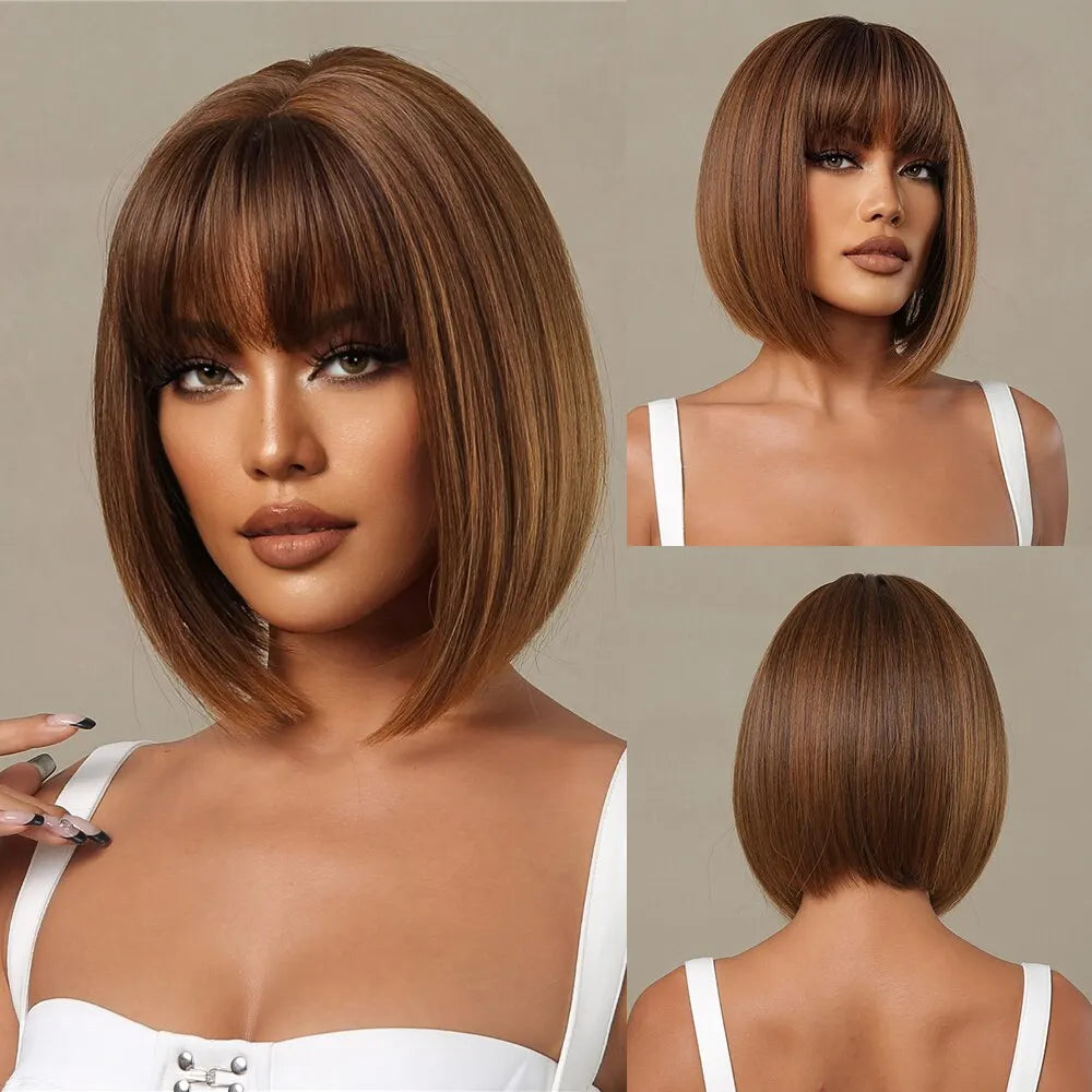 Luxueuze Bourgondische Bobperruque met Stijlvolle Pikkerige Pony - Warmtebestendig Synthetisch Haar voor Moeiteloze Elegantie