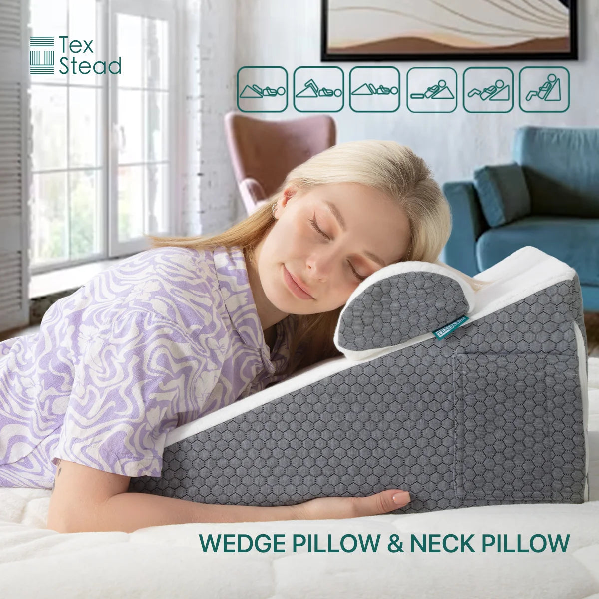 Luxueuze 2-delige Wigkussen Set met Geheugenfoam Top en Elegante Jacquard Hoes - Perfect voor Slaap, Zuuraanvalverlichting en Stijlvolle Hoofdeinde of Bank Driehoeksteun