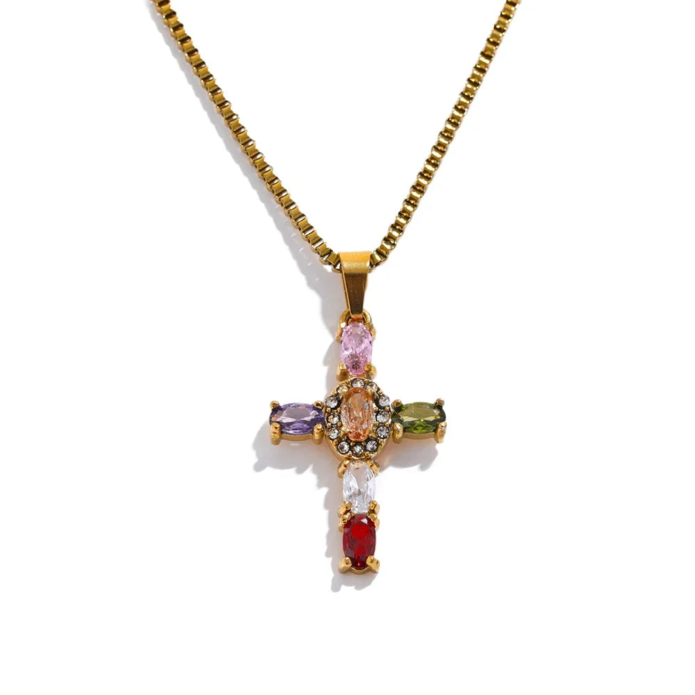 Yhpup Elegante Kleurrijke Sprankelende Cubic Zirconia Kruzifiks Hanger Ketting - Premium RVS Luxe Sieraden Cadeau