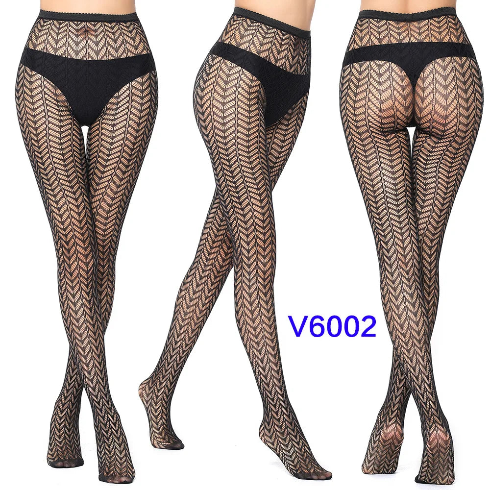 Verleidelijk Kant Viskouskous met Jacquard Weefsel – Naadloze Gotische Kousen met Garter en Ruitpatroon in Zwart
