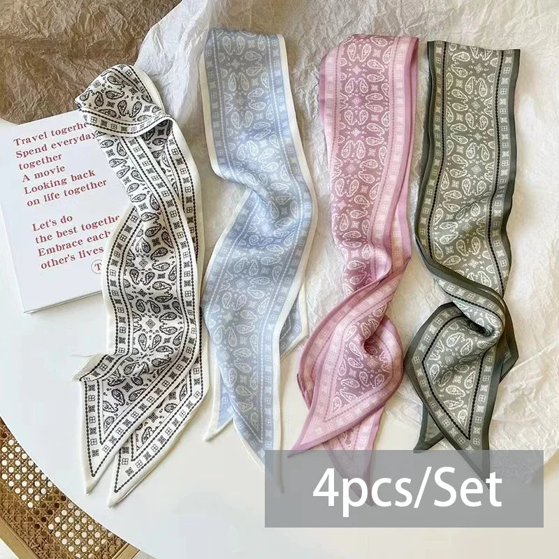 Elegante 4-delige Zijde Satijnen Sjaalset voor Vrouwen – Veelzijdige Haarbanden, Chique Hoofddoekenaccessoires en Stijlvolle Nekdassen voor Handtassen