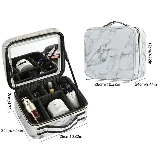 Strakke LED-verlichte cosmetica-etui met spiegel - Stijlvolle PU leren draagbare reismake-up organizer - Waterdichte make-upopslagoplossing