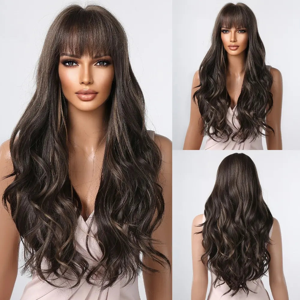 Luxe Lange Bruine Golvende Pruik met Pony - Hittebestendige Natuurlijke Look voor Dagelijks Gebruik en Cosplay