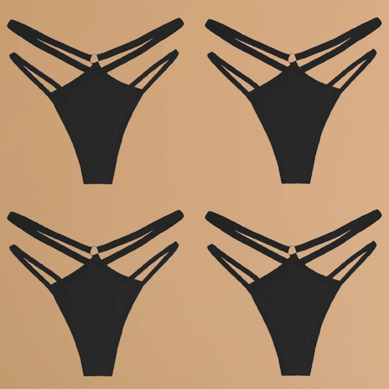 FINETOO 4Stuks Dames Stijlvolle Katoenen Thongs - Sexy Lage Taille Gestreepte en Effen Ademende Ondergoedset