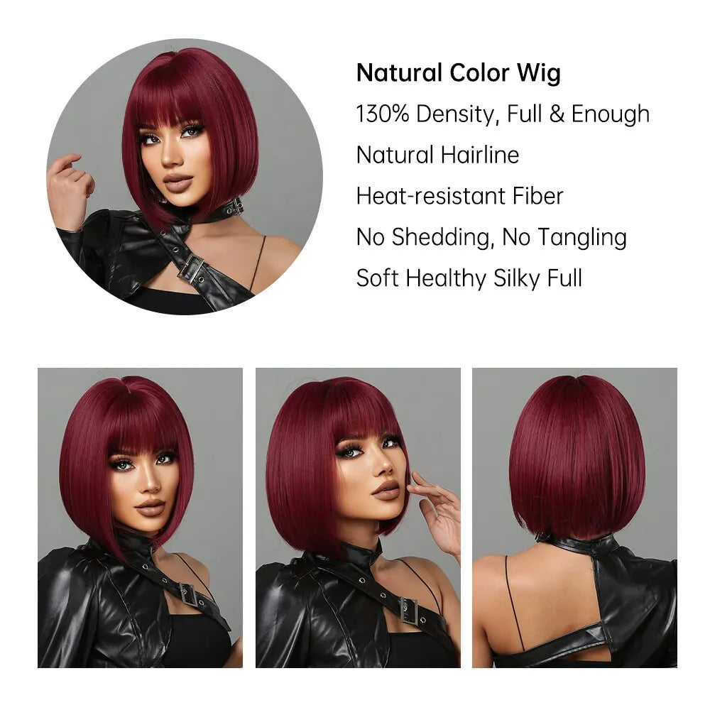 Luxueuze Bourgondische Bobperruque met Stijlvolle Pikkerige Pony - Warmtebestendig Synthetisch Haar voor Moeiteloze Elegantie
