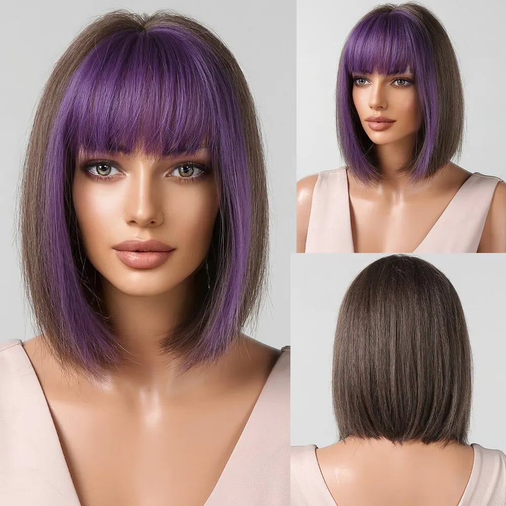 Luxueuze Bourgondische Bobperruque met Stijlvolle Pikkerige Pony - Warmtebestendig Synthetisch Haar voor Moeiteloze Elegantie